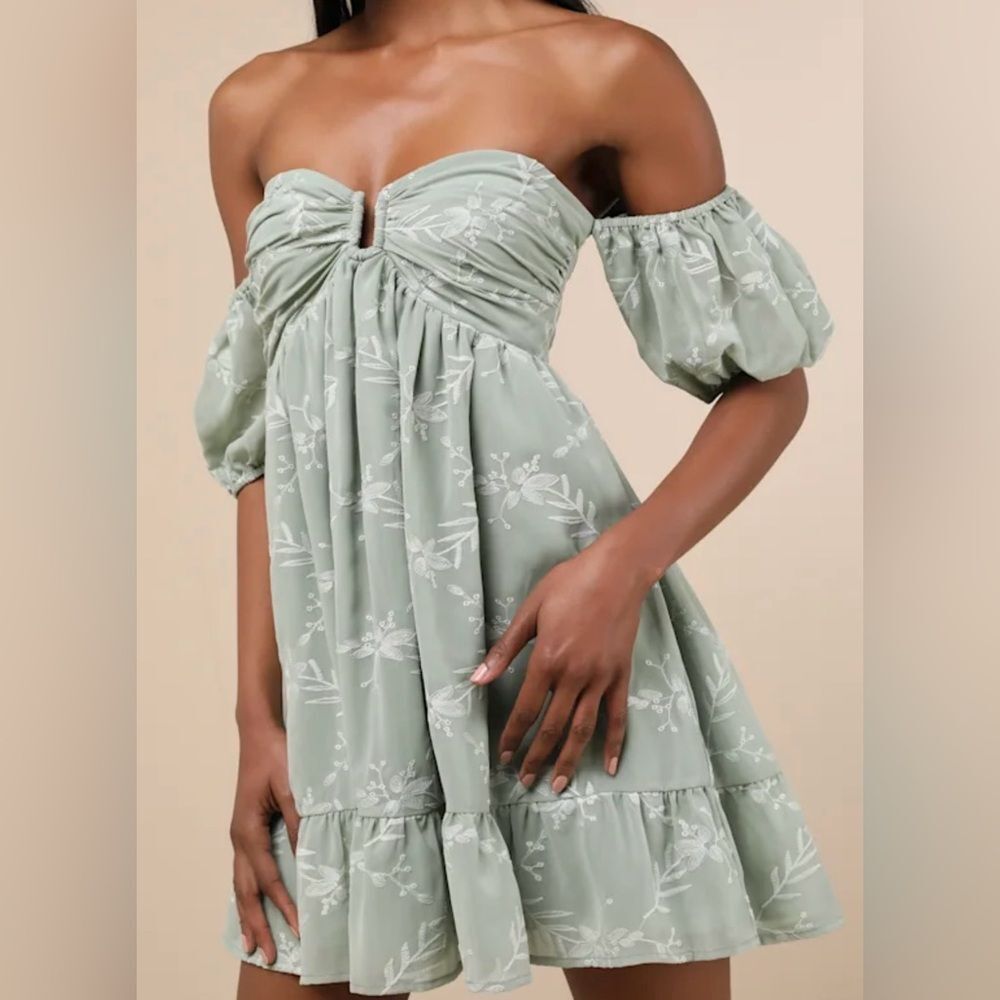 Lulus Cutest Icon Sage Green Embroidered Off-the-Shoulder Mini Dress - Picture 1 of 10